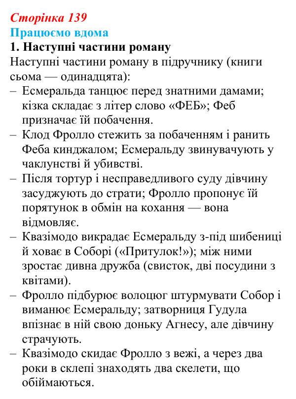 Сторінка 139, працюємо вдома, завдання 1 Відповідь до завдання 1 «Працюємо вдома» (с. 139) із зарубіжної літератури для 9 класу, Ковбасенко 2026: Гюго, «Собор...