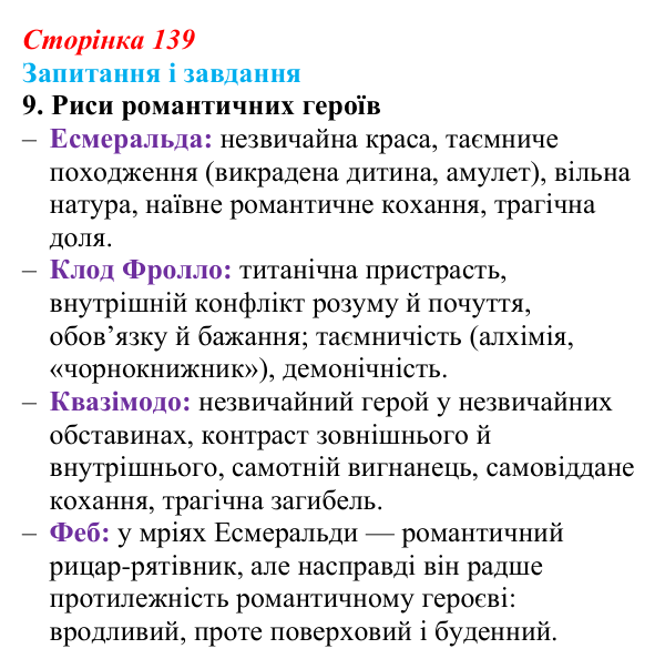 Сторінка 139, завдання 9 Відповідь до завдання 9 (с. 139) із зарубіжної літератури для 9 класу, Ковбасенко 2026: Гюго, «Собор Паризької Богоматері»