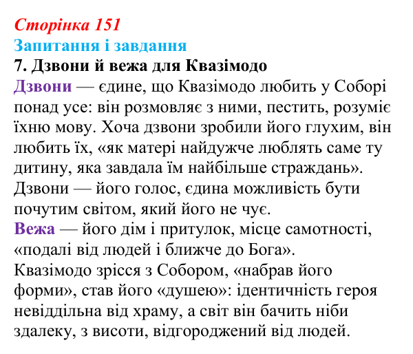 Сторінка 151, завдання 7 Відповідь до завдання 7 (с. 151) із зарубіжної літератури для 9 класу, Ковбасенко 2026: Гюго, «Собор Паризької Богоматері»
