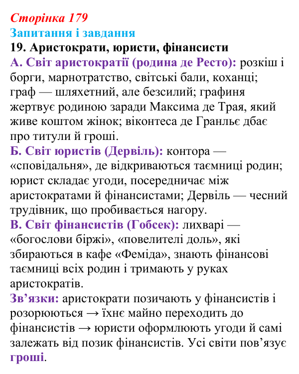 Сторінка 179, завдання 19 Відповідь до завдання 19 (с. 179) із зарубіжної літератури для 9 класу, Ковбасенко 2026: Бальзак, «Гобсек»