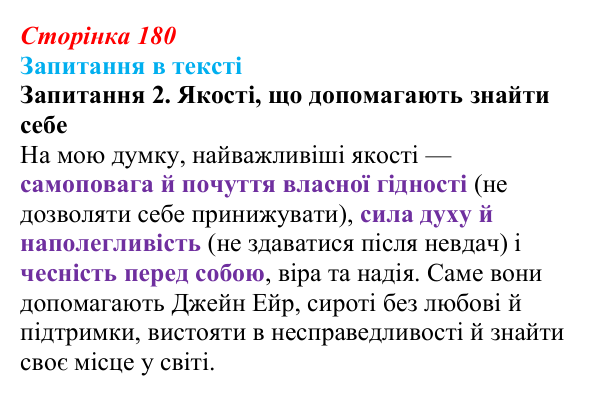 Сторінка 180, запитання 2 Відповідь до запитання 2 (с. 180) із зарубіжної літератури для 9 класу, Ковбасенко 2026: Бронте, «Джейн Ейр»