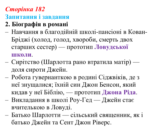 Сторінка 182, завдання 2 Відповідь до завдання 2 (с. 182) із зарубіжної літератури для 9 класу, Ковбасенко 2026: Бронте, «Джейн Ейр»