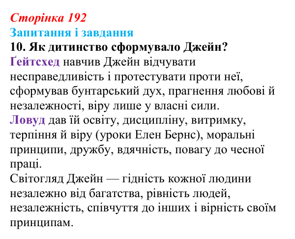 Сторінка 192, завдання 10 Відповідь до завдання 10 (с. 192) із зарубіжної літератури для 9 класу, Ковбасенко 2026: Бронте, «Джейн Ейр»