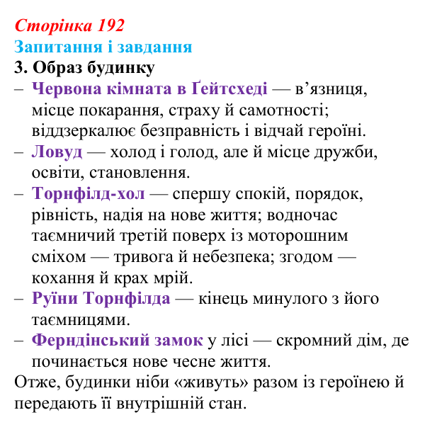 Сторінка 192, завдання 3 Відповідь до завдання 3 (с. 192) із зарубіжної літератури для 9 класу, Ковбасенко 2026: Бронте, «Джейн Ейр»