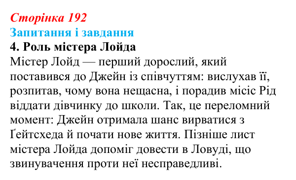 Сторінка 192, завдання 4 Відповідь до завдання 4 (с. 192) із зарубіжної літератури для 9 класу, Ковбасенко 2026: Бронте, «Джейн Ейр»