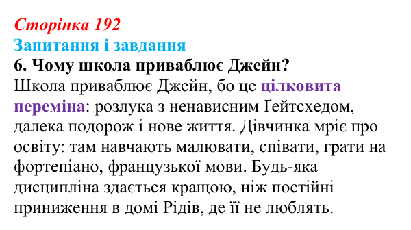 Сторінка 192, завдання 6 Відповідь до завдання 6 (с. 192) із зарубіжної літератури для 9 класу, Ковбасенко 2026: Бронте, «Джейн Ейр»