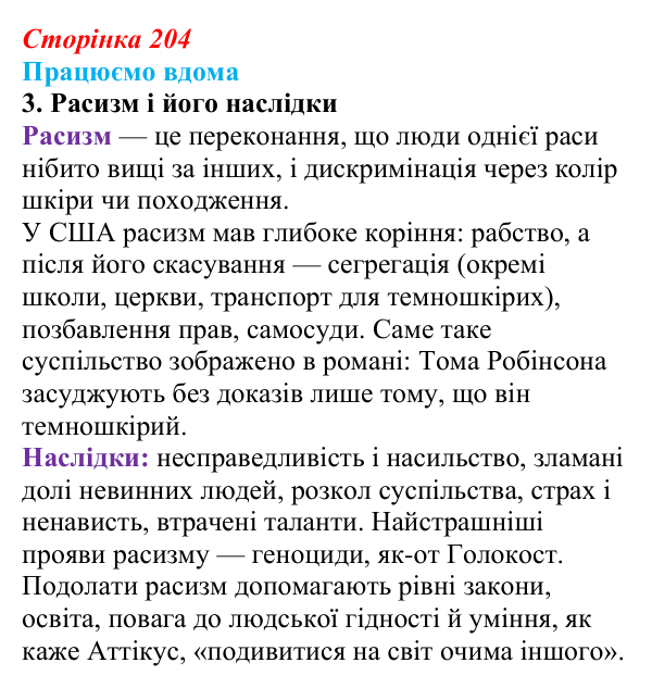 Сторінка 204, працюємо вдома, завдання 3 Відповідь до завдання 3 «Працюємо вдома» (с. 204) із зарубіжної літератури для 9 класу, Ковбасенко 2026: Гарпер Лі, «Убити...