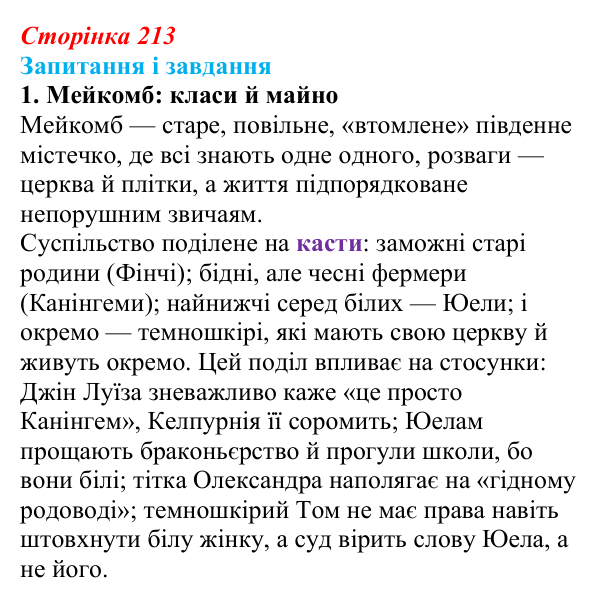 Відповідь до завдання 1 (с. 213) із зарубіжної літератури для 9 класу, Ковбасенко 2026: Гарпер Лі, «Убити пересмішника»