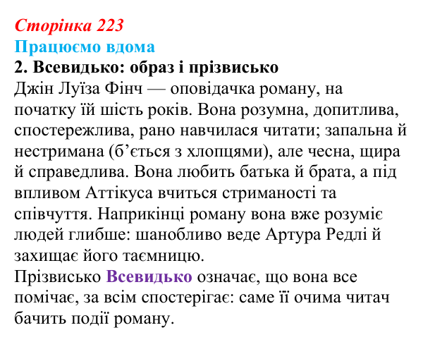 Сторінка 223, працюємо вдома, завдання 2 Відповідь до завдання 2 «Працюємо вдома» (с. 223) із зарубіжної літератури для 9 класу, Ковбасенко 2026: Гарпер Лі, «Убити...