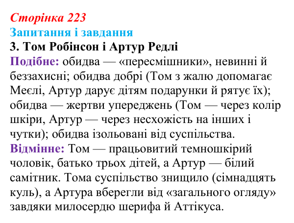 Сторінка 223, завдання 3 Відповідь до завдання 3 (с. 223) із зарубіжної літератури для 9 класу, Ковбасенко 2026: Гарпер Лі, «Убити пересмішника»