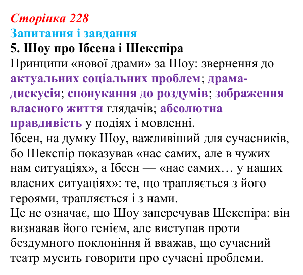 Сторінка 228, завдання 5 Відповідь до завдання 5 (с. 228) із зарубіжної літератури для 9 класу, Ковбасенко 2026: Зміни в драматургії кінця XIX...