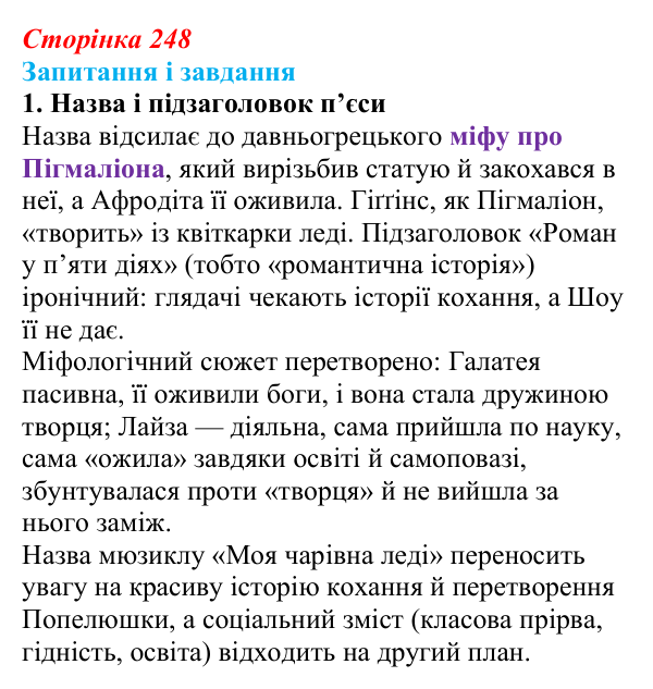 Сторінка 248, завдання 1 Відповідь до завдання 1 (с. 248) із зарубіжної літератури для 9 класу, Ковбасенко 2026: Шоу, «Пігмаліон»