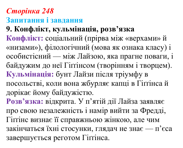 Сторінка 248, завдання 9 Відповідь до завдання 9 (с. 248) із зарубіжної літератури для 9 класу, Ковбасенко 2026: Шоу, «Пігмаліон»
