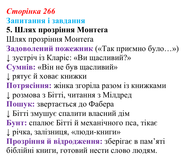 Сторінка 266, завдання 5 Відповідь до завдання 5 (с. 266) із зарубіжної літератури для 9 класу, Ковбасенко 2026: Бредбері, «451° за Фаренгейтом»