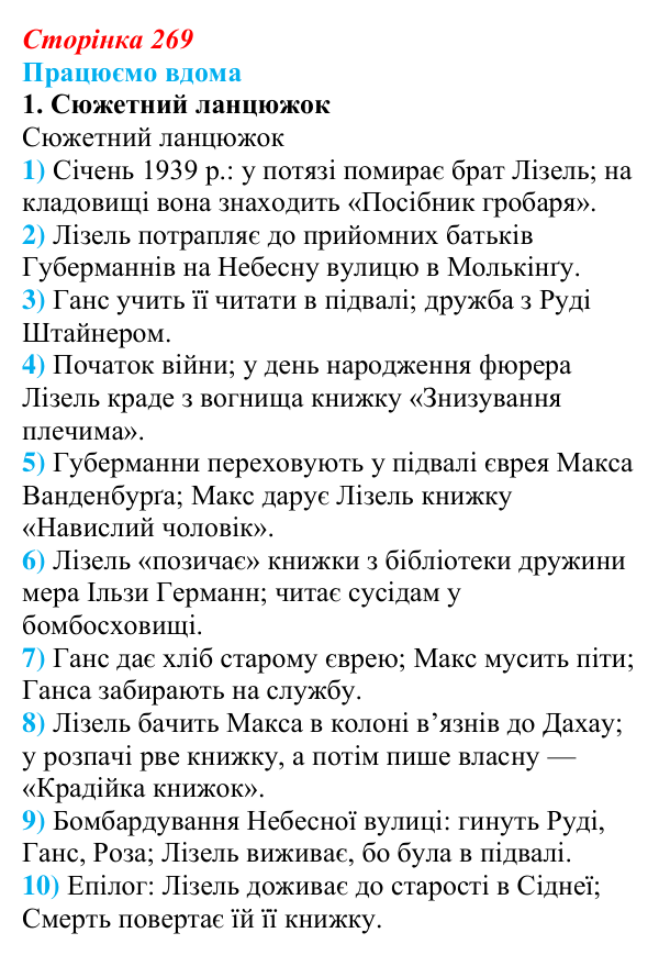 Сторінка 269, працюємо вдома, завдання 1 Відповідь до завдання 1 «Працюємо вдома» (с. 269) із зарубіжної літератури для 9 класу, Ковбасенко 2026: Зузак, «Крадійка...