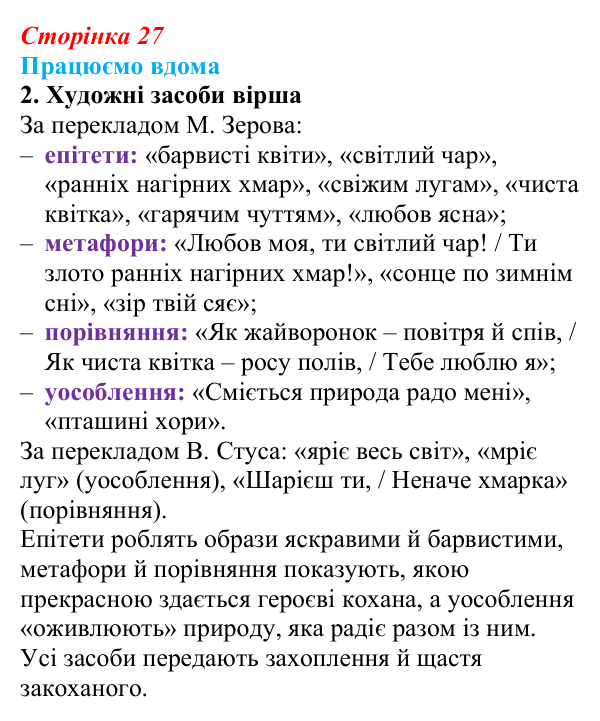 Сторінка 27, працюємо вдома, завдання 2 Відповідь до завдання 2 «Працюємо вдома» (с. 27) із зарубіжної літератури для 9 класу, Ковбасенко 2026: Ґете, «Травнева...