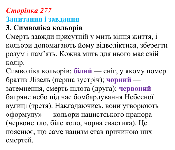 Сторінка 277, завдання 3 Відповідь до завдання 3 (с. 277) із зарубіжної літератури для 9 класу, Ковбасенко 2026: Зузак, «Крадійка книжок»