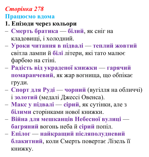 Сторінка 278, працюємо вдома, завдання 1 Відповідь до завдання 1 «Працюємо вдома» (с. 278) із зарубіжної літератури для 9 класу, Ковбасенко 2026: Зузак, «Крадійка...