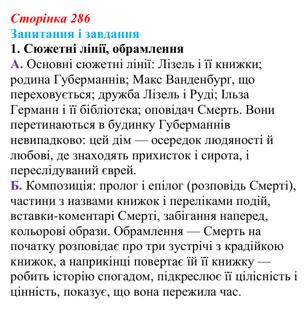 Сторінка 286, завдання 1 Відповідь до завдання 1 (с. 286) із зарубіжної літератури для 9 класу, Ковбасенко 2026: Зузак, «Крадійка книжок»