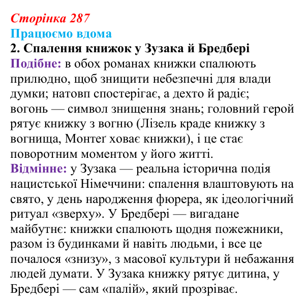 Відповідь до завдання 2 «Працюємо вдома» (с. 287) із зарубіжної літератури для 9 класу, Ковбасенко 2026: Зузак, «Крадійка...
