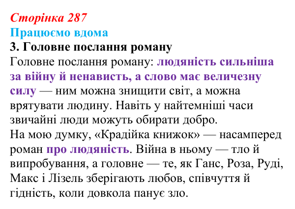 Сторінка 287, працюємо вдома, завдання 3 Відповідь до завдання 3 «Працюємо вдома» (с. 287) із зарубіжної літератури для 9 класу, Ковбасенко 2026: Зузак, «Крадійка...