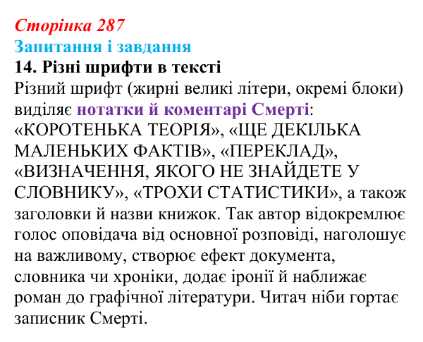 Сторінка 287, завдання 14 Відповідь до завдання 14 (с. 287) із зарубіжної літератури для 9 класу, Ковбасенко 2026: Зузак, «Крадійка книжок»