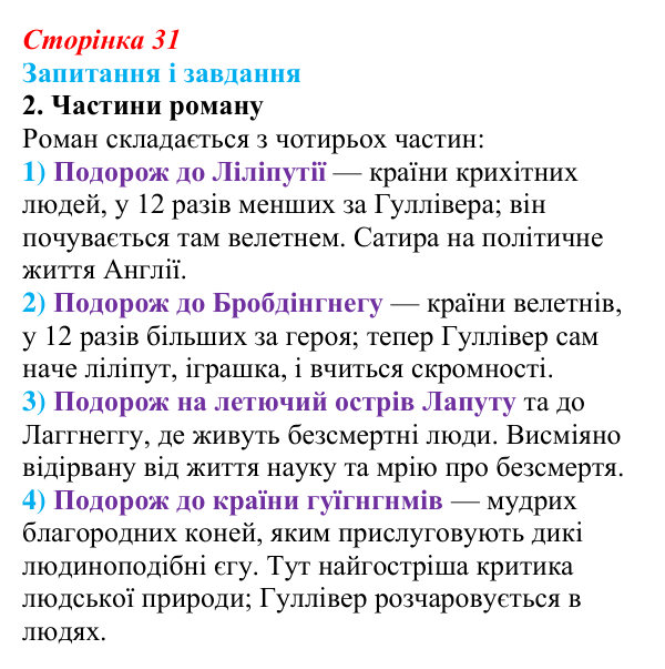 Сторінка 31, завдання 2 Відповідь до завдання 2 (с. 31) із зарубіжної літератури для 9 класу, Ковбасенко 2026: Свіфт, «Мандри Гуллівера»