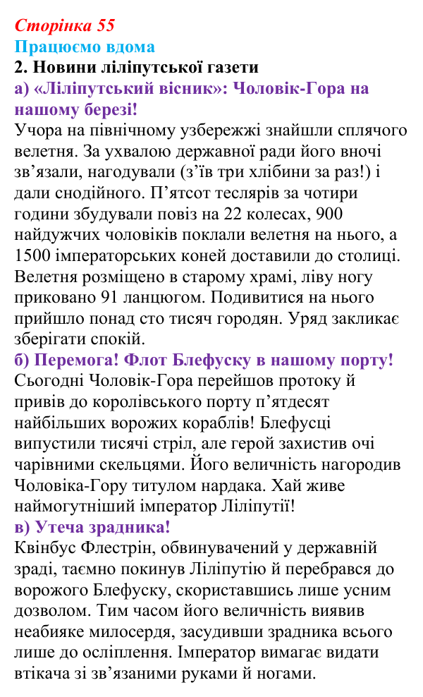 Сторінка 55, працюємо вдома, завдання 2 Відповідь до завдання 2 «Працюємо вдома» (с. 55) із зарубіжної літератури для 9 класу, Ковбасенко 2026: Свіфт, «Мандри...