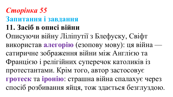 Сторінка 55, завдання 11 Відповідь до завдання 11 (с. 55) із зарубіжної літератури для 9 класу, Ковбасенко 2026: Свіфт, «Мандри Гуллівера»