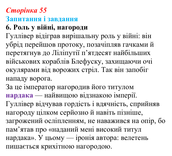 Сторінка 55, завдання 6 Відповідь до завдання 6 (с. 55) із зарубіжної літератури для 9 класу, Ковбасенко 2026: Свіфт, «Мандри Гуллівера»