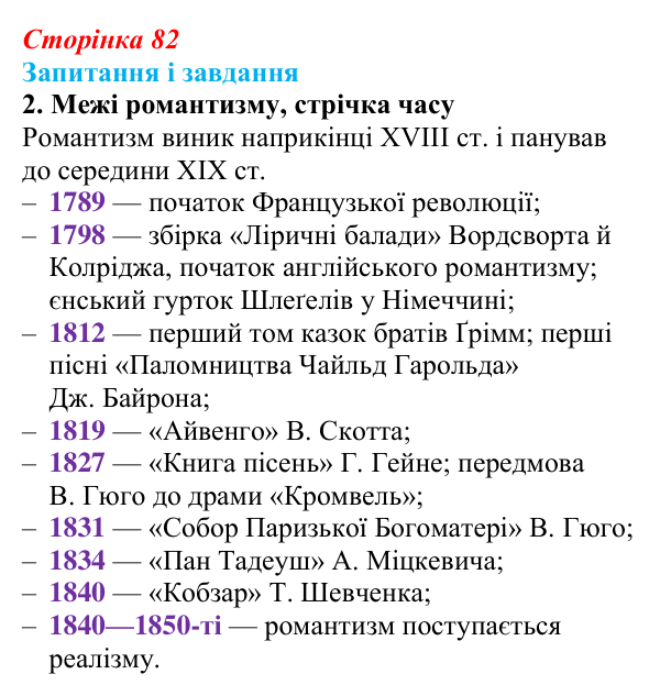 Сторінка 82, завдання 2 Відповідь до завдання 2 (с. 82) із зарубіжної літератури для 9 класу, Ковбасенко 2026: Романтизм як художнє явище
