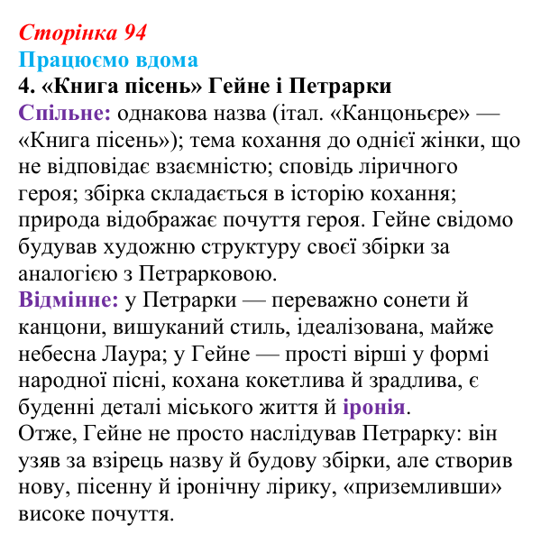 Сторінка 94, працюємо вдома, завдання 4 Відповідь до завдання 4 «Працюємо вдома» (с. 94) із зарубіжної літератури для 9 класу, Ковбасенко 2026: Гейне, «Книга пісень»