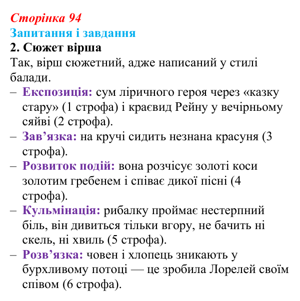 Сторінка 94, завдання 2 Відповідь до завдання 2 (с. 94) із зарубіжної літератури для 9 класу, Ковбасенко 2026: Гейне, «Книга пісень»