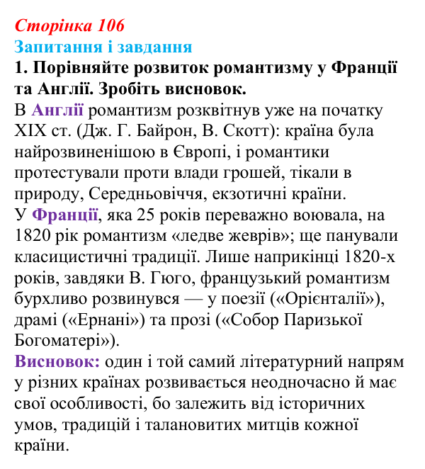 Відповідь до завдання 1 (с. 106) із зарубіжної літератури для 9 класу, Міляновська 2026: В. Гюго, «Собор Паризької...