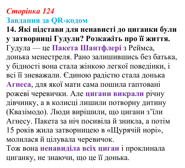 Сторінка 124, QR-код, завдання 14 Відповідь до завдання 14 за QR-кодом (с. 124) із зарубіжної літератури для 9 класу, Міляновська 2026: В. Гюго, «Собор...