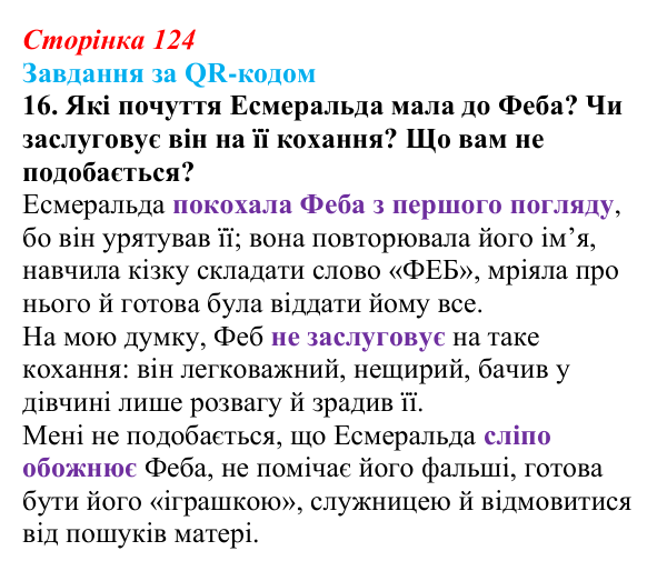 Сторінка 124, QR-код, завдання 16 Відповідь до завдання 16 за QR-кодом (с. 124) із зарубіжної літератури для 9 класу, Міляновська 2026: В. Гюго, «Собор...