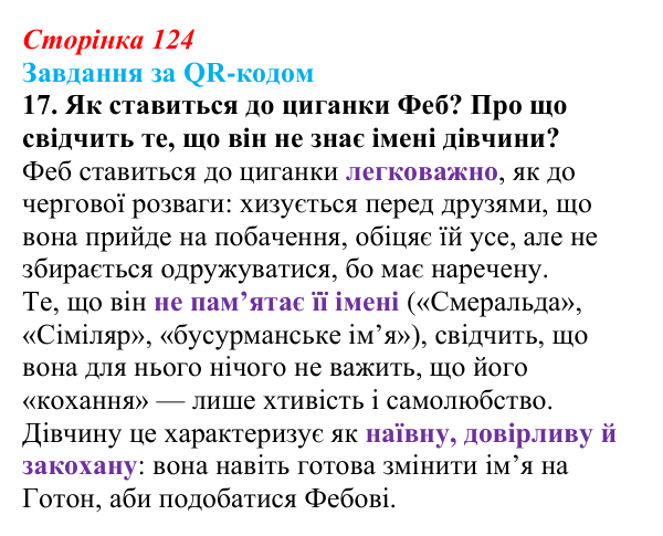 Сторінка 124, QR-код, завдання 17 Відповідь до завдання 17 за QR-кодом (с. 124) із зарубіжної літератури для 9 класу, Міляновська 2026: В. Гюго, «Собор...
