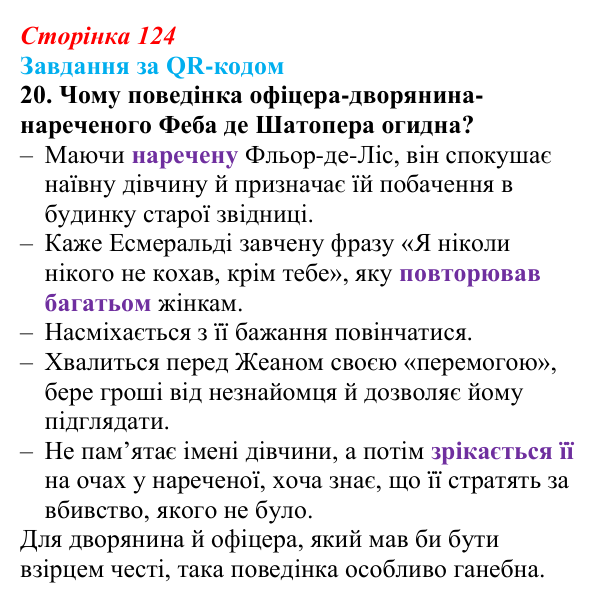 Сторінка 124, QR-код, завдання 20 Відповідь до завдання 20 за QR-кодом (с. 124) із зарубіжної літератури для 9 класу, Міляновська 2026: В. Гюго, «Собор...