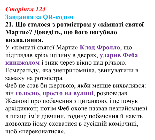 Сторінка 124, QR-код, завдання 21 Відповідь до завдання 21 за QR-кодом (с. 124) із зарубіжної літератури для 9 класу, Міляновська 2026: В. Гюго, «Собор...