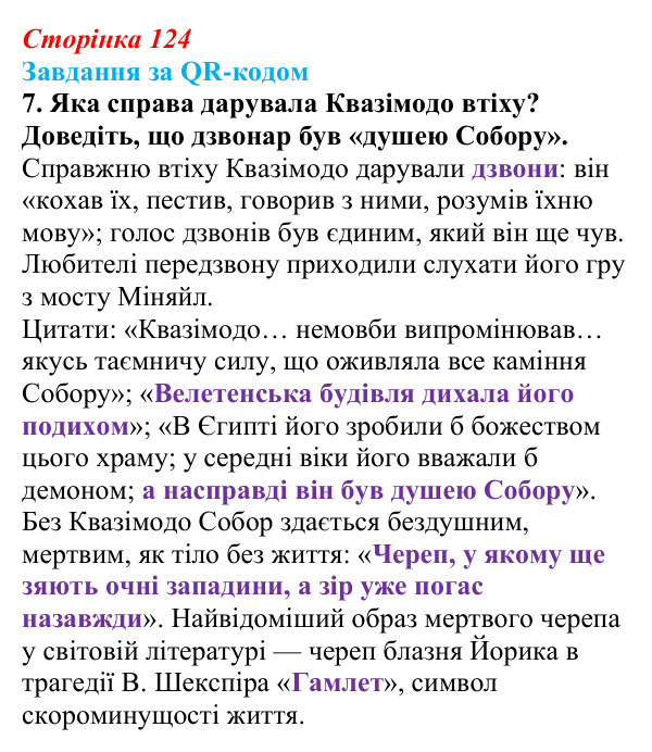Відповідь до завдання 7 за QR-кодом (с. 124) із зарубіжної літератури для 9 класу, Міляновська 2026: В. Гюго, «Собор...