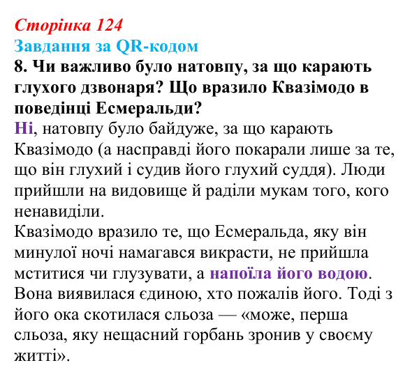 Сторінка 124, QR-код, завдання 8 Відповідь до завдання 8 за QR-кодом (с. 124) із зарубіжної літератури для 9 класу, Міляновська 2026: В. Гюго, «Собор...