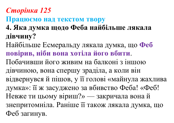 Сторінка 125, завдання 4 Відповідь до завдання 4 (с. 125) із зарубіжної літератури для 9 класу, Міляновська 2026: В. Гюго, «Собор Паризької...