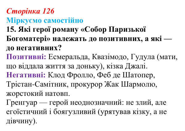 Сторінка 126, завдання 15 Відповідь до завдання 15 (с. 126) із зарубіжної літератури для 9 класу, Міляновська 2026: В. Гюго, «Собор Паризької...