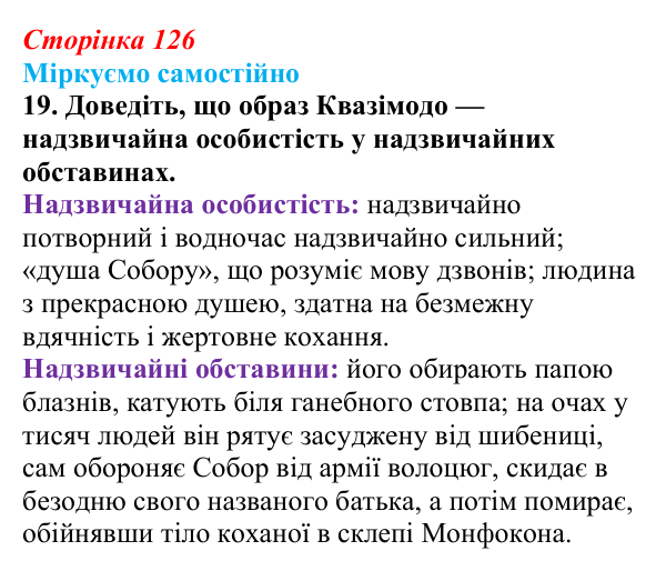 Сторінка 126, завдання 19 Відповідь до завдання 19 (с. 126) із зарубіжної літератури для 9 класу, Міляновська 2026: В. Гюго, «Собор Паризької...
