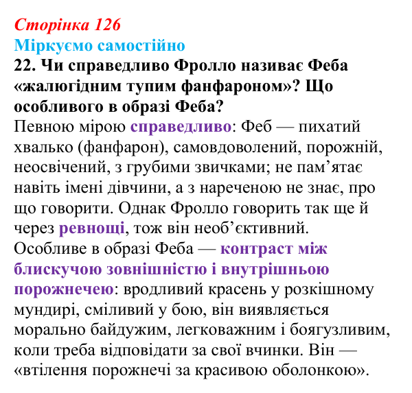 Сторінка 126, завдання 22 Відповідь до завдання 22 (с. 126) із зарубіжної літератури для 9 класу, Міляновська 2026: В. Гюго, «Собор Паризької...