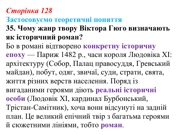 Сторінка 128, завдання 35 Відповідь до завдання 35 (с. 128) із зарубіжної літератури для 9 класу, Міляновська 2026: В. Гюго, «Собор Паризької...