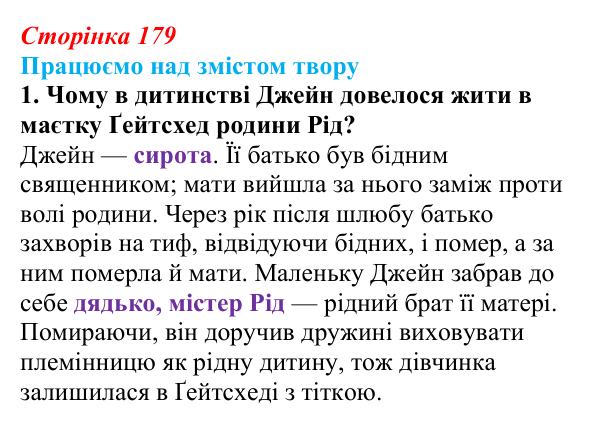 Сторінка 179, завдання 1 Відповідь до завдання 1 (с. 179) із зарубіжної літератури для 9 класу, Міляновська 2026: Ш. Бронте, «Джейн Ейр»