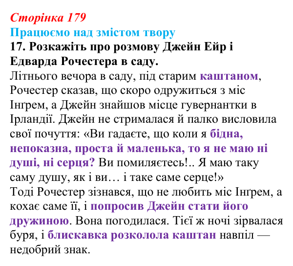 Сторінка 179, завдання 17 Відповідь до завдання 17 (с. 179) із зарубіжної літератури для 9 класу, Міляновська 2026: Ш. Бронте, «Джейн Ейр»