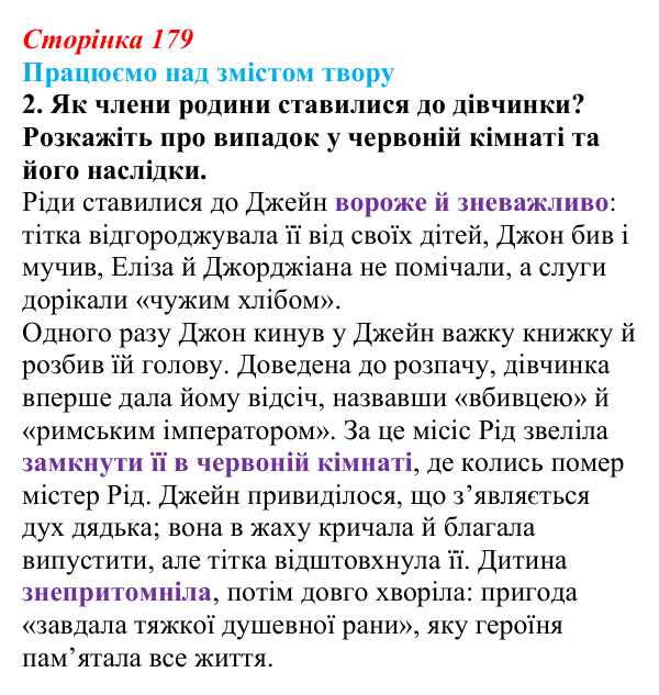 Сторінка 179, завдання 2 Відповідь до завдання 2 (с. 179) із зарубіжної літератури для 9 класу, Міляновська 2026: Ш. Бронте, «Джейн Ейр»