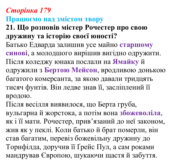 Сторінка 179, завдання 21 Відповідь до завдання 21 (с. 179) із зарубіжної літератури для 9 класу, Міляновська 2026: Ш. Бронте, «Джейн Ейр»